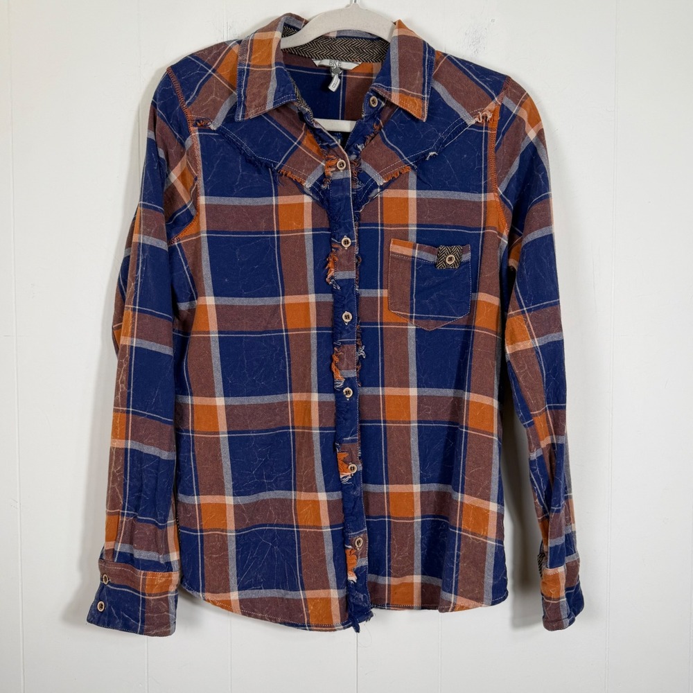 BKE Plaid Embroidered Flannel Button Down Blue Orange Raw Seam Small Western